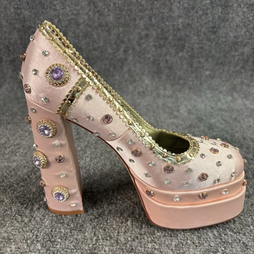 Azalea Wang Clea Satin Bejeweled  Pink Platform Heels 9